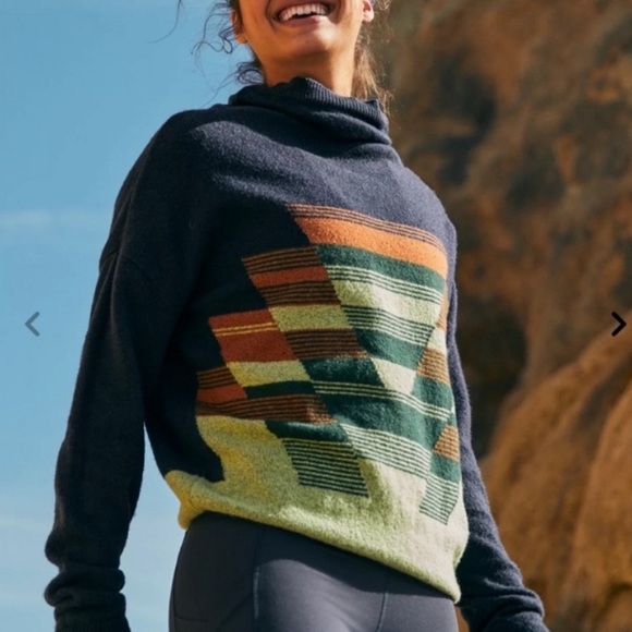 Prana Sweaters - Prana Navy Cowlneck Sweater with Green, Orange, Brown Geometric Pattern